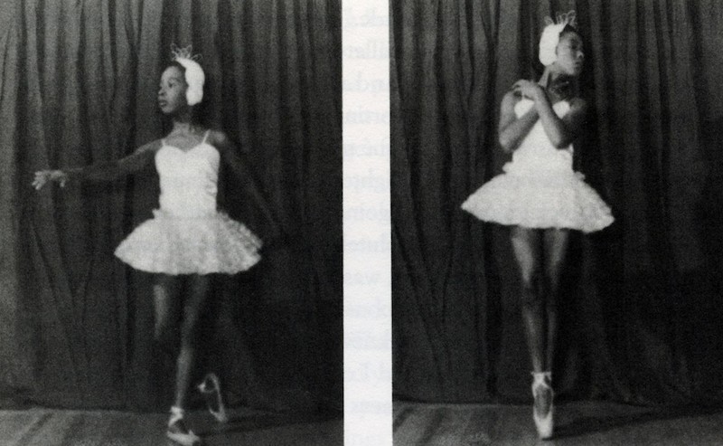 Two old stills of Judith Jamison as a young ballet student. She wears a white tutu, Swan Lake-looking headpiece, and pointe shoes. 
